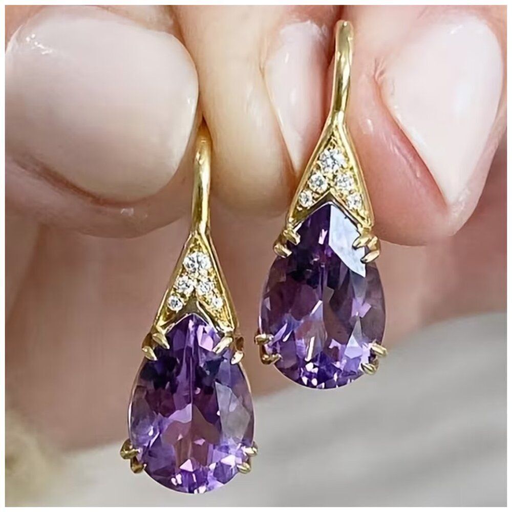 NWT Faux Amethyst Teardrop Earrings Cubic Zirconia Clusters Golden Minamalist